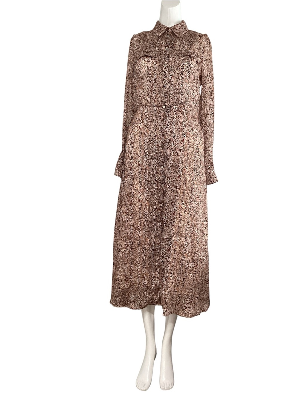 Long-Sleeve Collared Midi Dress in Brown Speckle